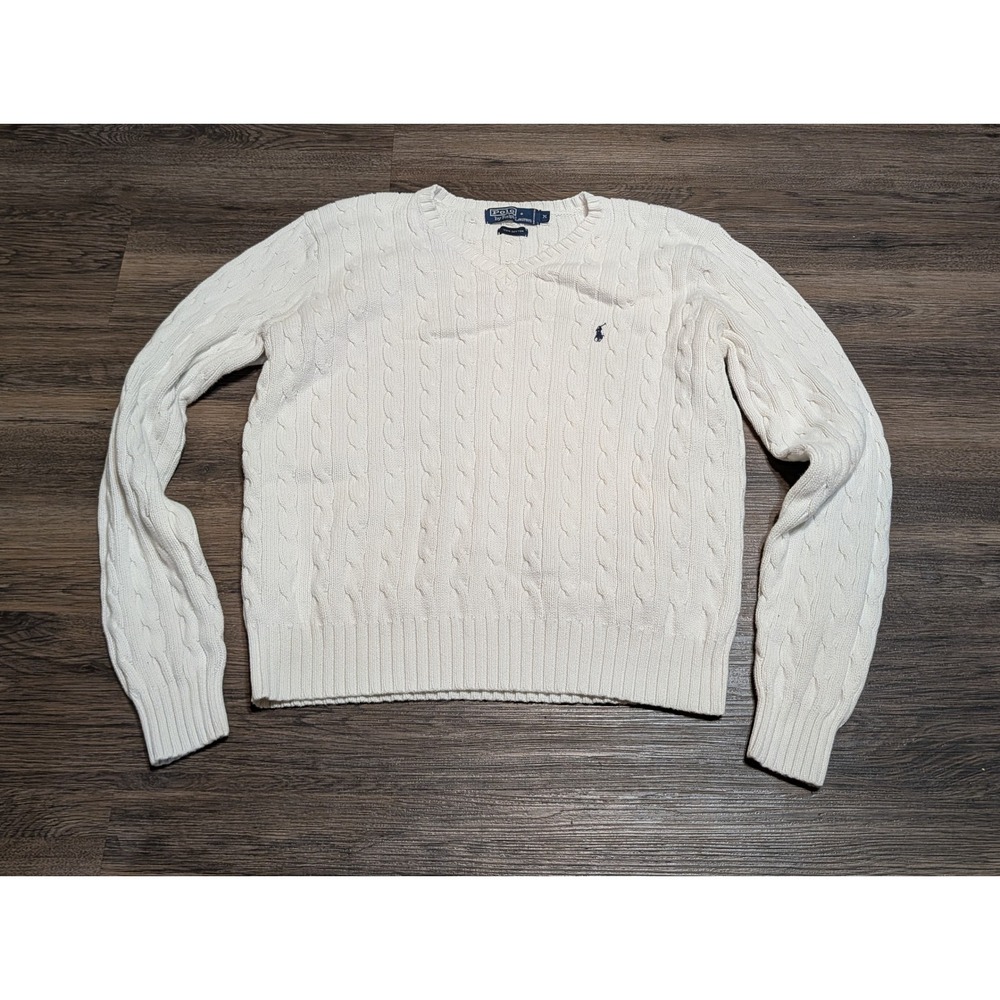 Polo Ralph Lauren Mens Cream Cable Knit Cotton V-Neck Sweater Size M Pony Logo
